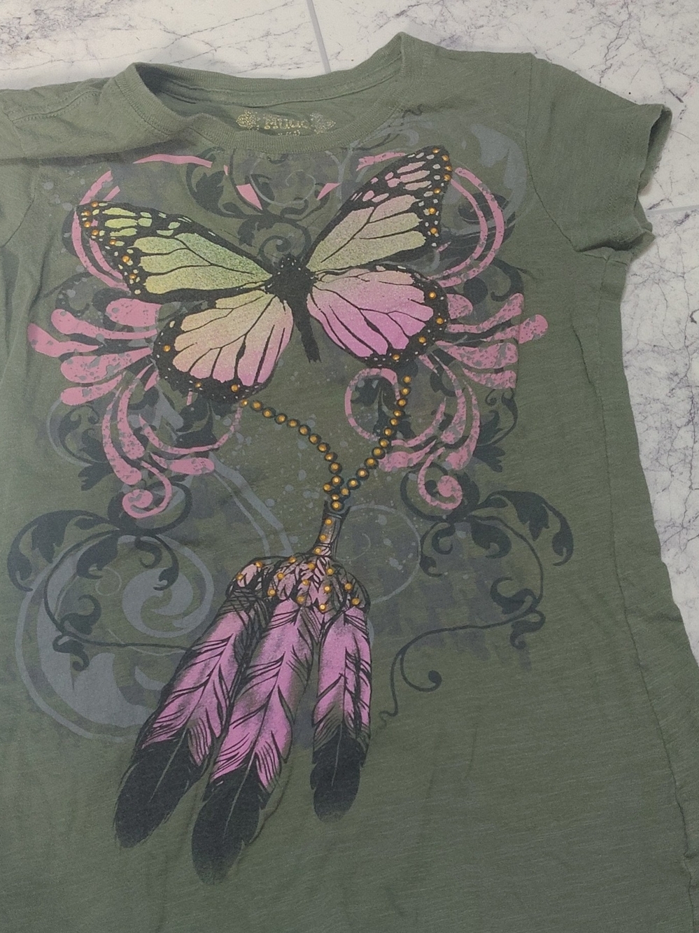 Green Butterfly & Feather Graphic Tee